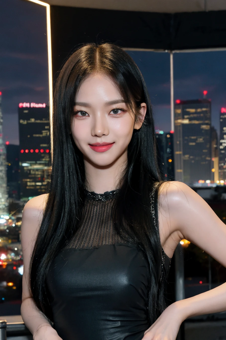 nikon RAW photo,8 k,Fujifilm XT3,close up photo, masterpiece, best quality, 1girl,solo,realistic, photorealistic, (extremely detailed face), ultra-detailed eyes and pupils, ultra detailed, serious expression, slender figure, standing against a city skyline at night, tight dress, sleeveless, tiny waist, big hip, smile, <lora:karinalorashy:1>