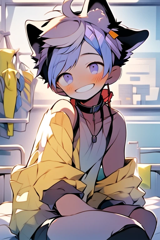 (masterpiece, best quality:1.2), illustration, absurdres, highres, extremely detailed, perfect face, 1boy, male focus, (adult male:1.2), sitting on bed, purple hair, short hair, messy hair, purple eyes, blue off the shoulder sweater, black sport shorts, bulge, black thigh highs, dog collar, flat chest, thick thighs, tall, smiling, looking at viewer, dog ears, dog tail, femboy, otoko no ko,