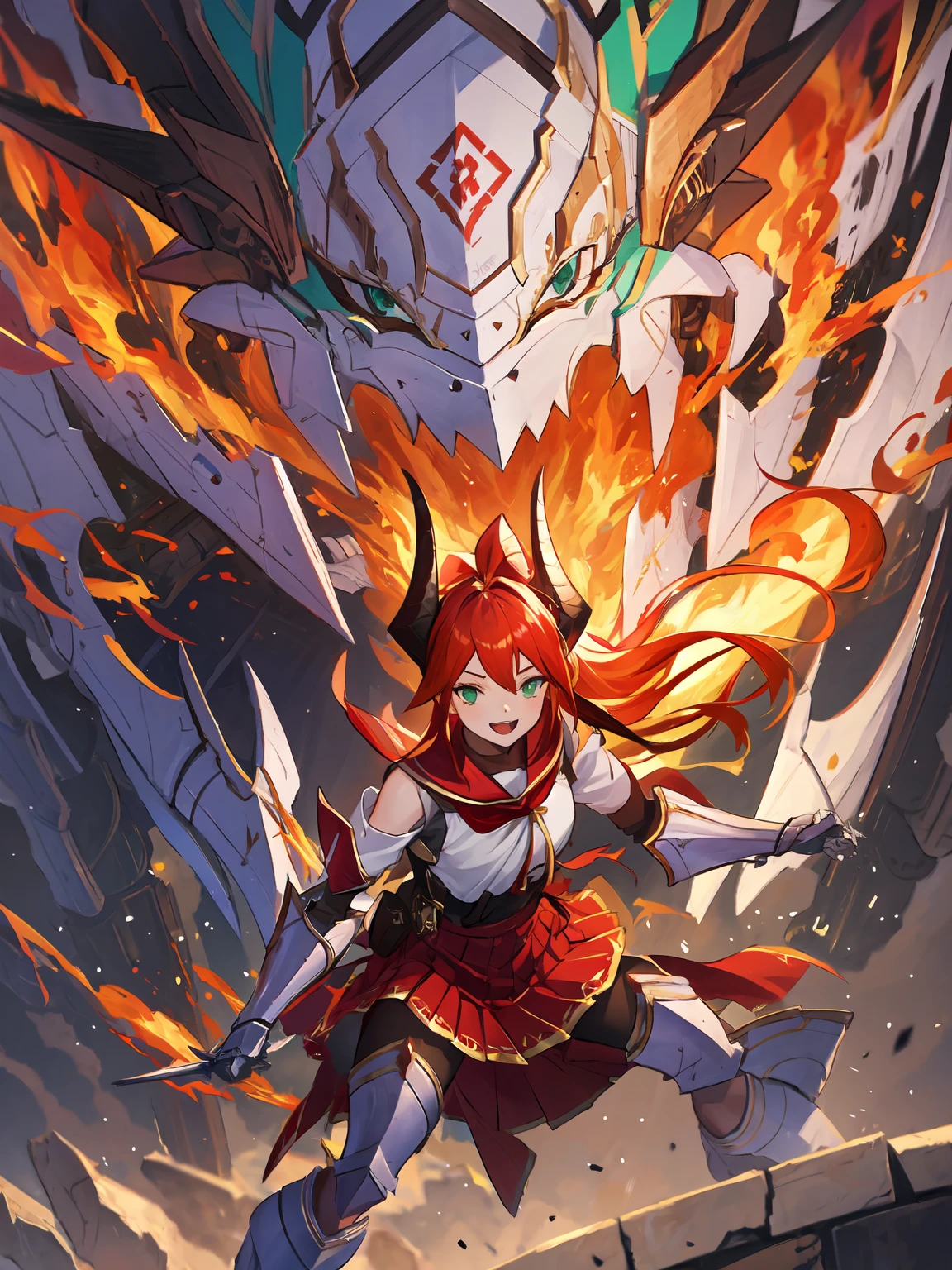 masterpiece,best quality,highres,cinematic lighting,dramatic angle,1girl,<lora:ShadowverseRolaV2-000021:0.8>,red hair,ponytail,hair ornament,horns,green eyes,smile,riding on mecha dragon,happy,serafuku,sailor collar,bowtie,white shirt,gauntlets,gloves,red pleated skirt,black pantyhose,armor boots,portrait,bare shoulders,sash,package,suspenders,breathing fire