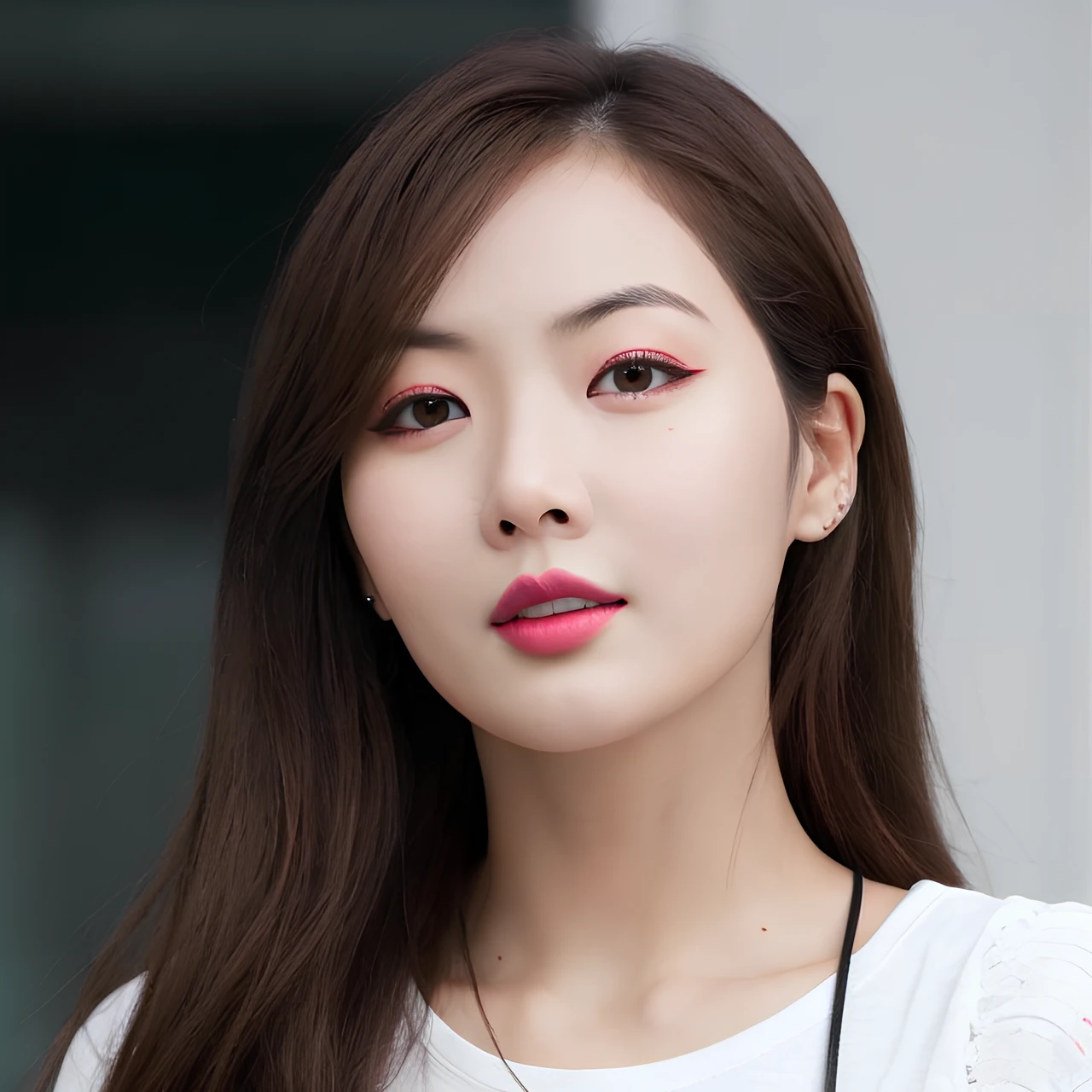 hyper realistic lifelike texture dramatic lighting unreal engine trending on art station, award winning photo, nikon RAW photo,8 k, Fujifilm XT3,masterpiece, best quality, realistic, photorealistic, ultra detailed, extremely detailed face, solo,1girl, standing, fashionable and trendy atmosphere, high-end makeup products, and a stylish expression on her face, close up, t-shirt,
