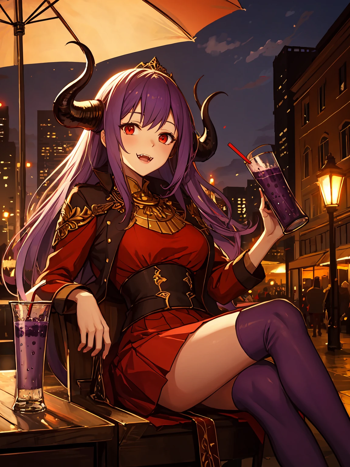 masterpiece,best quality,highres,cinematic lighting,dramatic angle,1girl,<lora:ShadowverseLauraV12-000018:0.8> ,horns,light purple hair,red eyes,fangs,red dress,purple skirt,red thighhighs,gloves,sitting on chair,across the table,looking at viewer,drink,holding,drinking purple milkshake,streetscape,crowd,depth of field,close-up,portrait,outdoors,happy