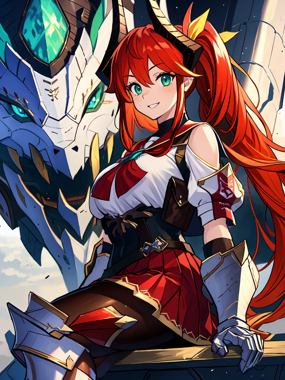 masterpiece,best quality,highres,cinematic lighting,dramatic angle,1girl,<lora:ShadowverseRolaV2-000021:0.8>,red hair,ponytail,hair ornament,horns,green eyes,smile,riding on mecha dragon,happy,serafuku,sailor collar,bowtie,white shirt,gauntlets,gloves,red pleated skirt,black pantyhose,armor boots,portrait,bare shoulders