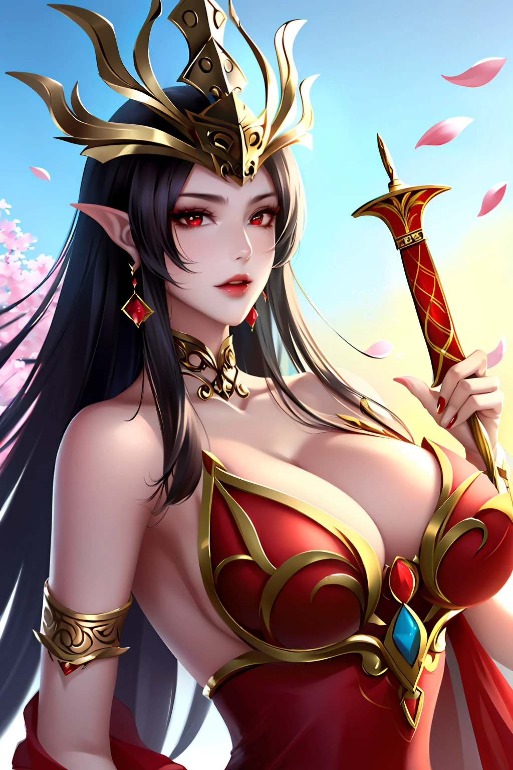 1girl, sword, long hair, pointy ears, red eyes, black hair, jewelry, earrings, blue sky, solo, red dress, falling petals, upper body, sky, dress, hair ornament, butterfly, petals,cai lin, large breasts,shiny skin,(mature female),milf,<lora:cailin-v1.5-realistic-final-6ep:0.7>