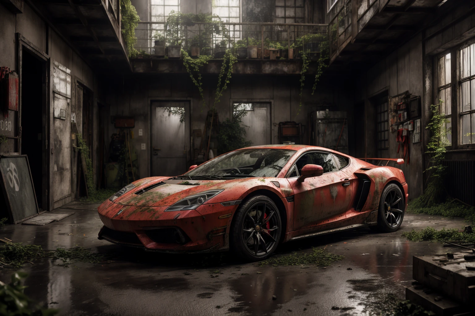 8k, realistic, vray, HDR, 6000K, red super car, in the garage, overgrown <lora:PostApocalyptic_v3-000007:0.6> SZ_4po enviroment
