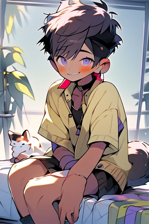 (masterpiece, best quality:1.2), illustration, absurdres, highres, extremely detailed, perfect face, 1boy, male focus, (adult male:1.2), sitting on bed, purple hair, short hair, messy hair, purple eyes, blue off the shoulder sweater, black sport shorts, bulge, black thigh highs, dog collar, flat chest, thick thighs, tall, smiling, looking at viewer, dog ears, dog tail, femboy, otoko no ko,