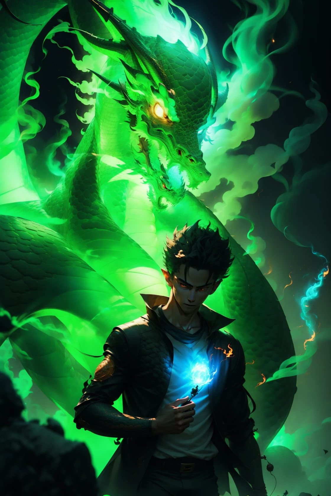 ((1boy inside a glowing dragon)), aura surrounding him, glowing eyes,, smoke, flare, electricity, plasma, <lora:Susanoo-10:0.9>, susanoo,
