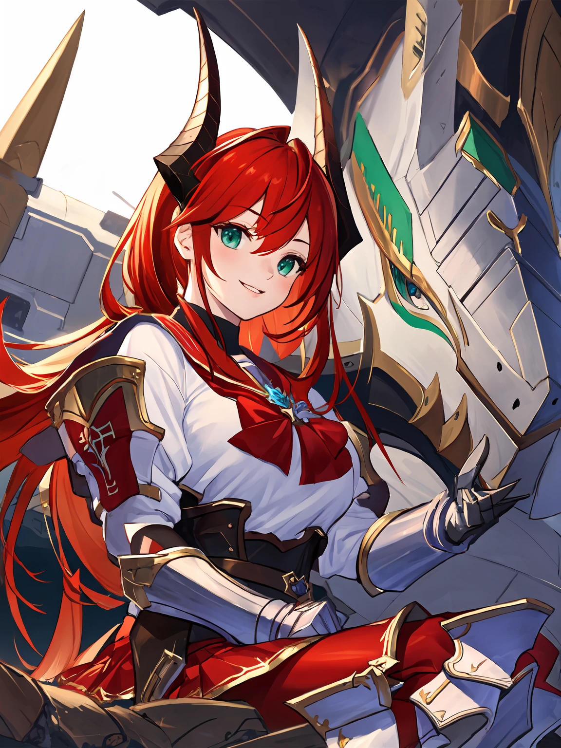 masterpiece,best quality,highres,cinematic lighting,dramatic angle,1girl,<lora:ShadowverseRolaV2-000021:0.8>,red hair,ponytail,hair ornament,horns,green eyes,smile,riding on dragon,happy,serafuku,sailor collar,bowtie,white shirt,gauntlets,gloves,red pleated skirt,black pantyhose,armor boots,portrait,close-up
