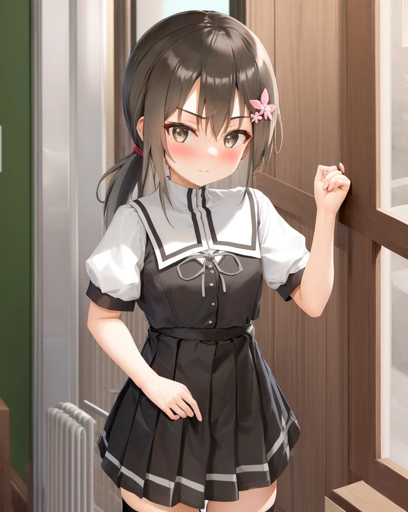 <lora:minowa_gin-10:0.7>,1girl, solo,brown hair,brown eyes,low ponytail,hair flower,hair ribbon, school uniform, striped thighhighs,white ribbon, short sleeve,black skirt,