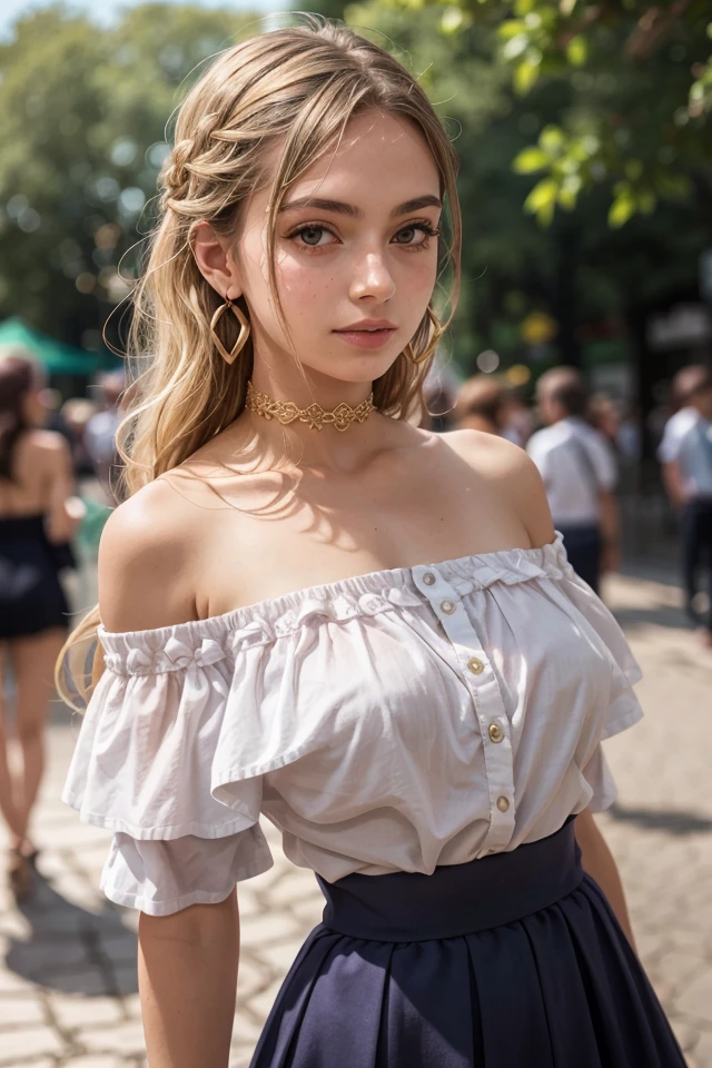 Greek 1girl, intricate details, earrings, upper body, bokeh, dappled sunlight, blonde, off shoulder, high-waist skirt, choker, looking at viewer, french braid,