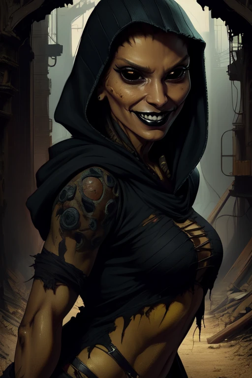 Dvorah, black eyes, black lips, grin, squatting, black black sclera,
hood up, torn clothes, covered nipples, thorns, spikes, cowboy shot,
solo
underground,
(insanely detailed, beautiful detailed face, masterpiece, best quality)
<lora:Dvorah:0.7> realistic,