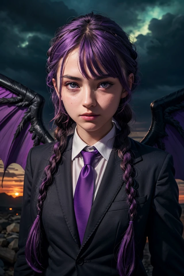 Romanian girl in black suit and purple tie and purple hair,beautiful face,film grain,twin braids,deamon wings, apocalypse, cinematic lighting