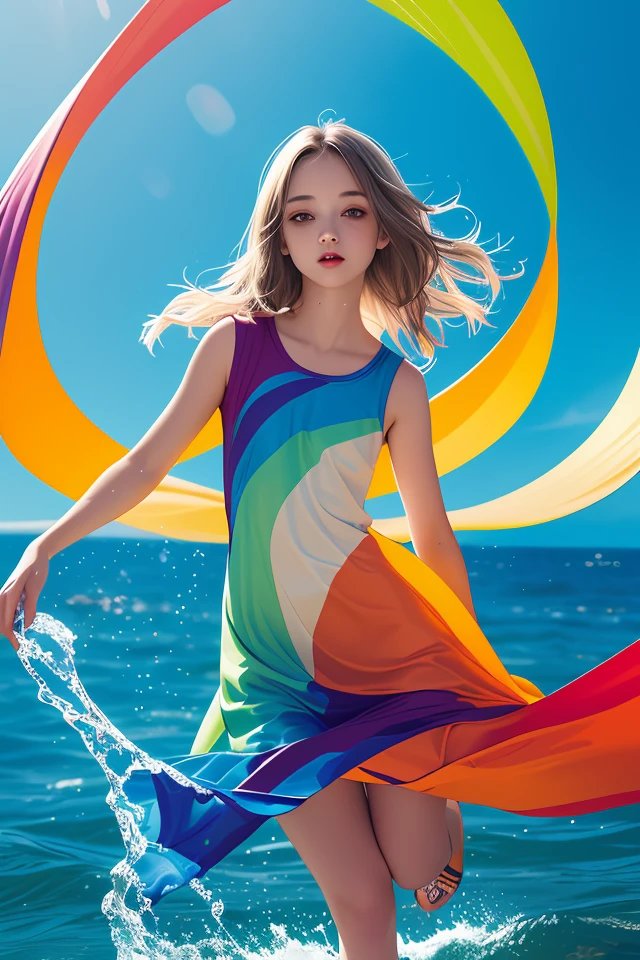 (masterpiece, best quality:1.3), (flat color:1.3),(colorful:1.3),looking at viewer,1girl,solo,floating colorful water,(2D:1.3)