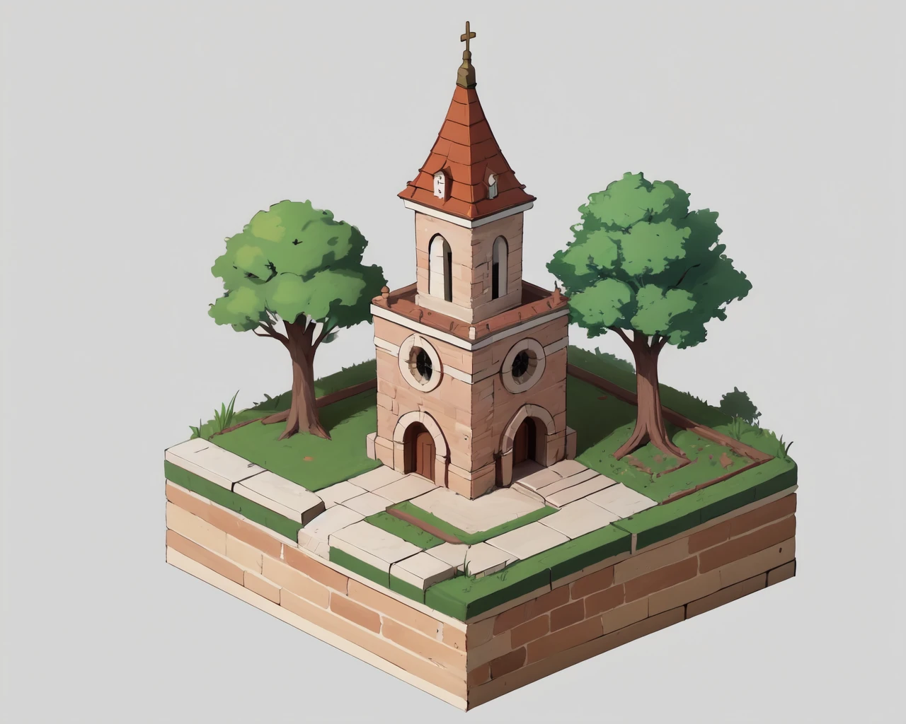 absurdres, best quality, fantasy, isometric, knolling style of (miniature brick round tower:1.2), tree, stone wall, (simple background:1.2)