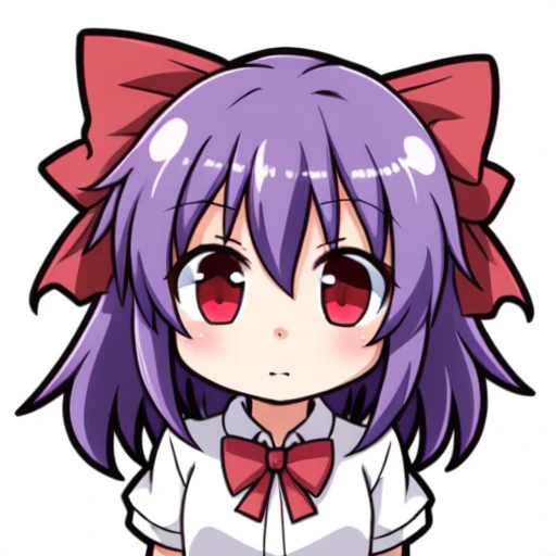 1girl, bow,<lora:chibi_v14:0.6>, a girl with purple hair and a white shirt and red eyes