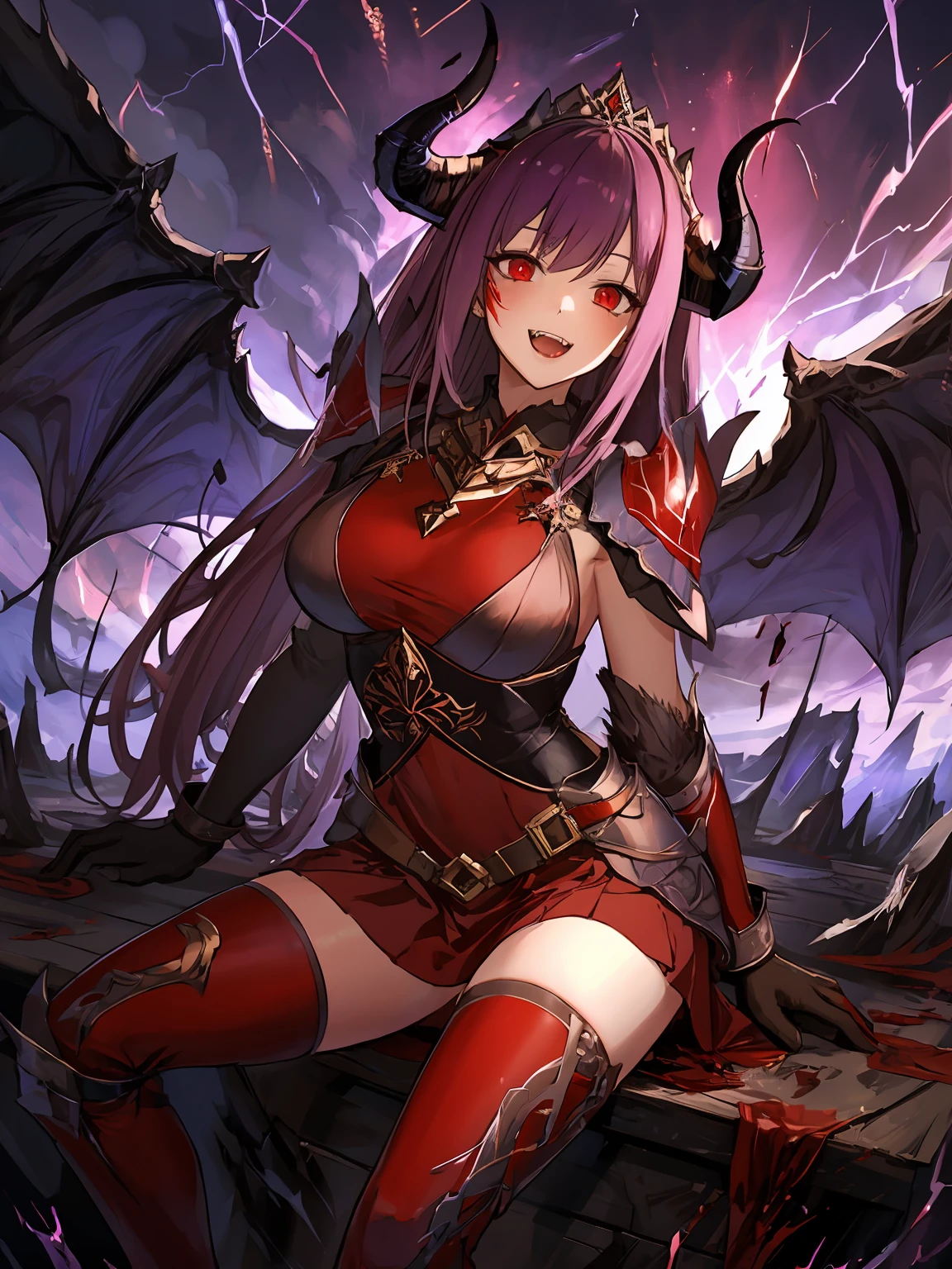 masterpiece,best quality,highres,cinematic lighting,dramatic angle,1girl,<lora:ShadowverseLauraV12-000018:0.8> ,horns,dark purple hair,red eyes,fangs,looking at viewer,cowboy shot,claws,armor,red dress,purple skirt,red thighhighs,gloves,holding weapon,lightning,blood,:d,seductive pose,demon commander,wings,sitting,legs together