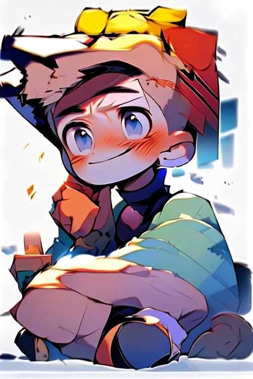 (masterpiece, best quality:1.2), illustration, absurdres, highres, extremely detailed, perfect face, 1boy, male focus, (adult male:1.2), sitting on bed, purple hair, short hair, messy hair, purple eyes, blue off the shoulder sweater, black sport shorts, bulge, black thigh highs, dog collar, flat chest, thick thighs, tall, smiling, looking at viewer, dog ears, dog tail, femboy, otoko no ko,