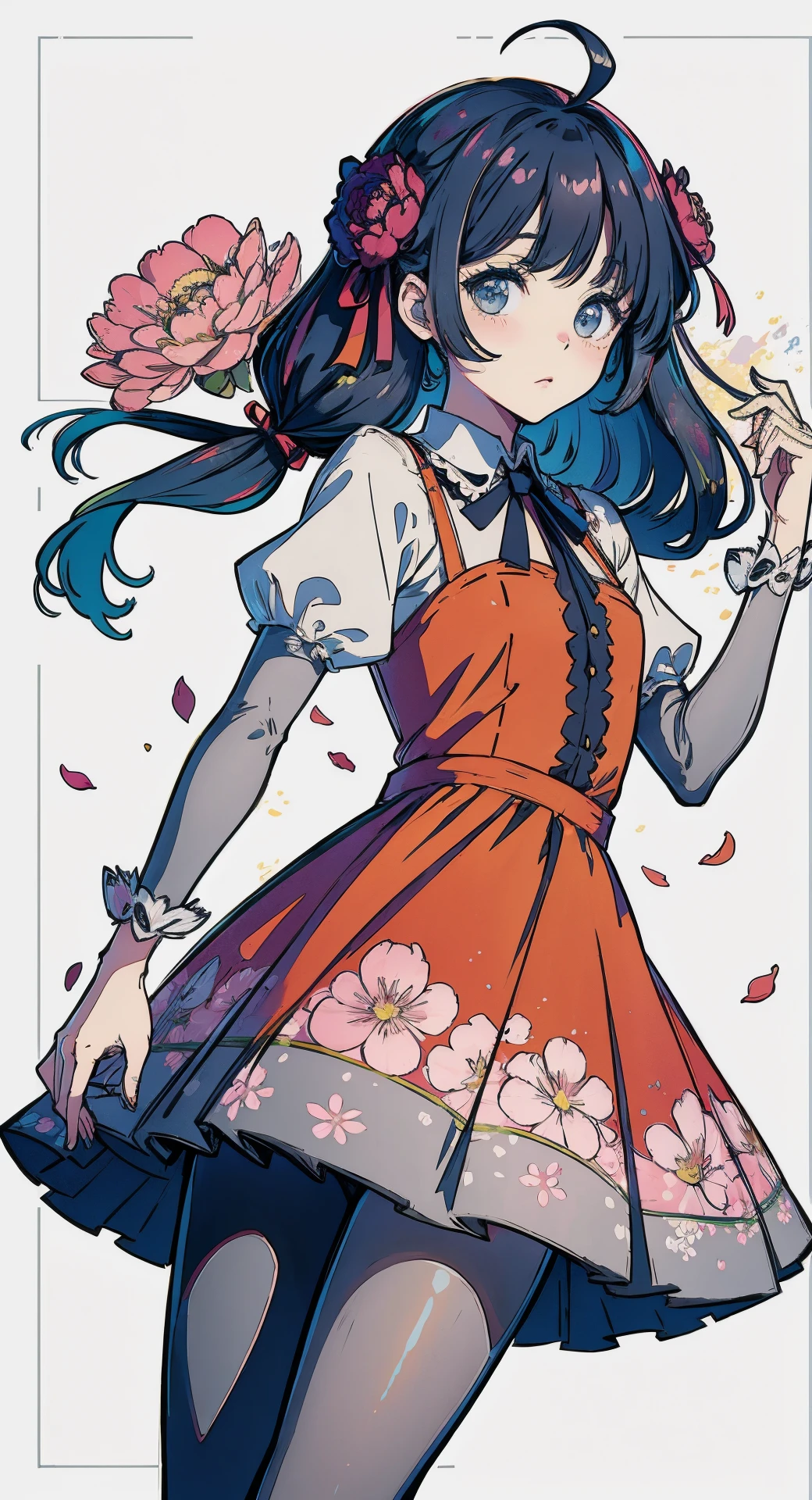 (masterpiece, high quality, highres,illustration),blurry background,[(white background:1.2)::5],cowboy shot, spring \(season\),(no light:1.1),(temptation:1.2),elegance, (1loli:1.1),(very long hair:1.1),(blush:0.7),floating hair,ahoge,deep sky,star \(sky\), (summer (Floral:1.2) dress:1.1),outline,(see-through:0.85),shining,low twintails, (polychromatic peony:1.15),Movie poster,(colorful:1.1),ornament,petals,(pantyhose:1.1), ribbon,
((40d grey pantyhose)),grey pantyhose,pantyhose, 
 <lora:40d_grey_pantyhose-001:0.8>