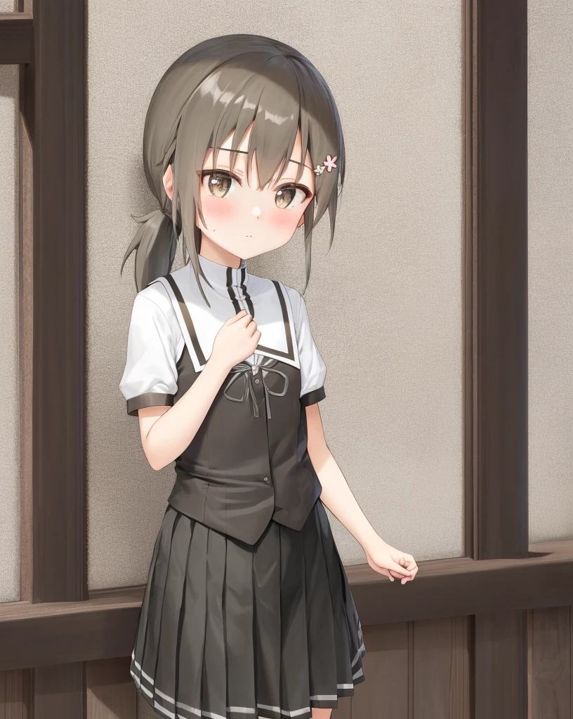 <lora:minowa_gin-10:0.7>,1girl, solo,brown hair,brown eyes,low ponytail,flower hair pins,hair ribbon, school uniform, striped thighhighs,white ribbon, short sleeve,black skirt,