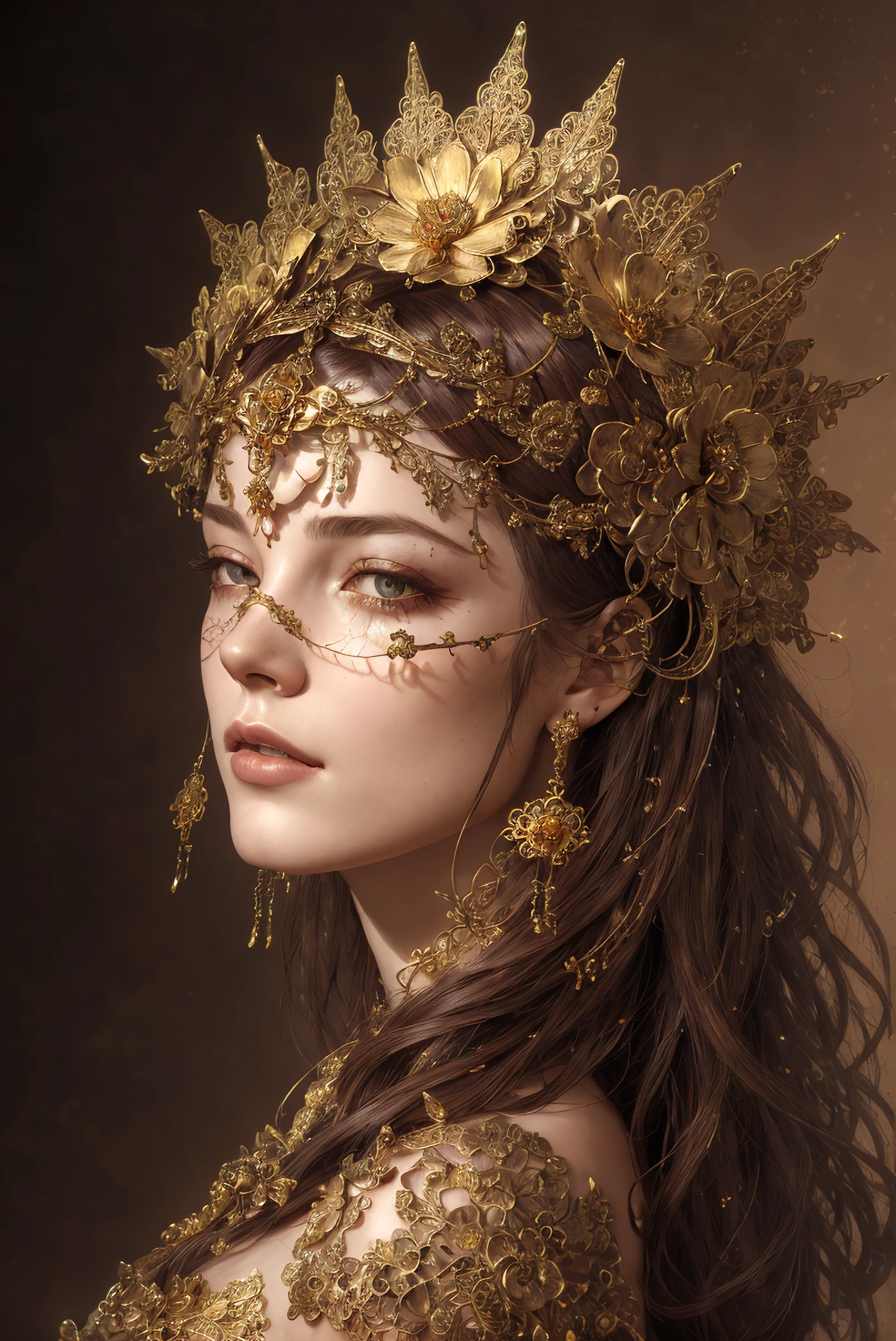 8k (full portrait) of beautiful cyborg with brown hair, intricate, elegant, highly detailed, majestic, digital photography, (art by artgerm and ruan jia and greg rutkowski, flowers of hope by Jean-Honor Fragonard, Peter mohrbacher), surreal painting gold filigree, broken glass, ornate frame:0.3, jewelry, hyper detailed, insane details, stunning, intricate, elite, art nouveau, ornate, liquid wax, elegant, luxury, Greg Rutkowski, ink style, sticker, vector-art beautiful character design, double exposure shot, luminous design, flowers in hair:0.45, head piece:0.15, circlet, seductive, perfect body, realistic metals, (masterpiece, award winning, sidelighting, finely detailed beautiful eyes: 1.2), hdr, (off angle), ((analog style)), (photorealistic:1.6), (skeleton like:0.42), simple mottled background, long auburn red hair, (concept art), perfect lighting, perfect shading, <lora:BlindMask_v1:0.85>