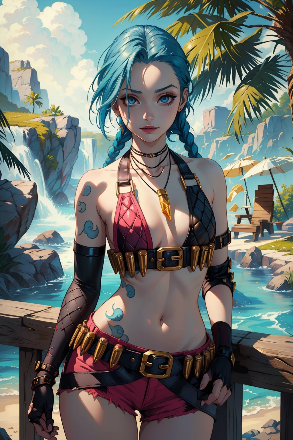 (masterpiece, best quality:1.2), intricate details, <lora:jinx_default_lol-000021:1>, jinx \(league of legends\), 1girl, twin braids, single elbow glove, short shorts, bikini top only, necklace, belt, bullet, fingerless gloves, upper body, potrait, outdoors