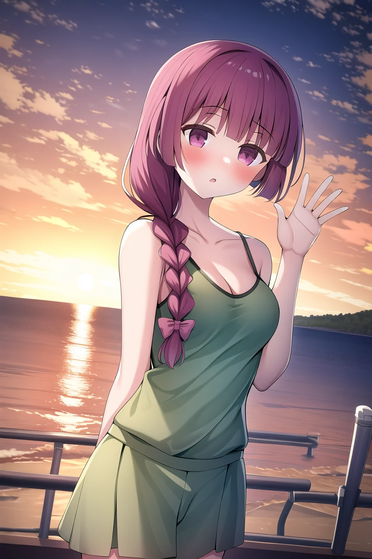 highres, 1girl, hiroi kikuri, medium breasts, standing, outdoor, camisole, sunset, waving