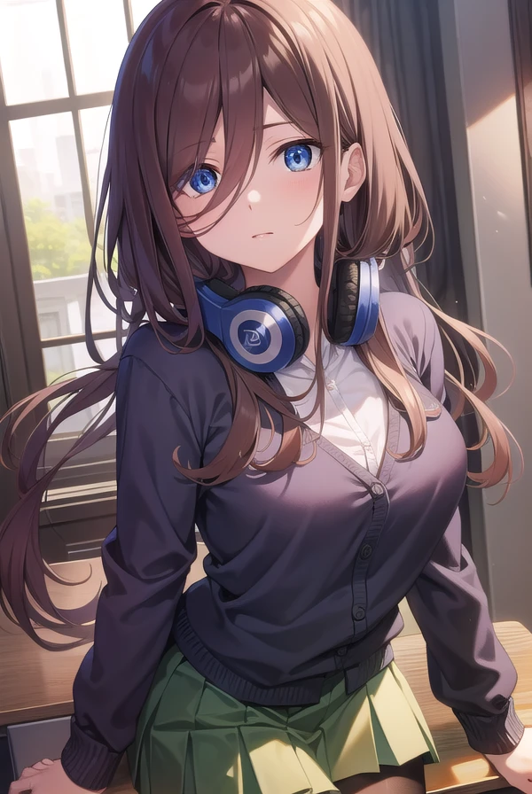 mikunakano, <lora:mikunakanotest:1>, miku nakano, long hair, bangs, blue eyes, brown hair, shirt, hair between eyes, headphones, cardigan, headphones around neck,
BREAK skirt, shirt, long sleeves, white shirt, pantyhose, pleated skirt, black pantyhose, cardigan, green skirt, blue cardigan,
BREAK indoors, classroom,
BREAK looking at viewer, BREAK <lora:GoodHands-vanilla:1>, (masterpiece:1.2), best quality, high resolution, unity 8k wallpaper, (illustration:0.8), (beautiful detailed eyes:1.6), extremely detailed face, perfect lighting, extremely detailed CG, (perfect hands, perfect anatomy),