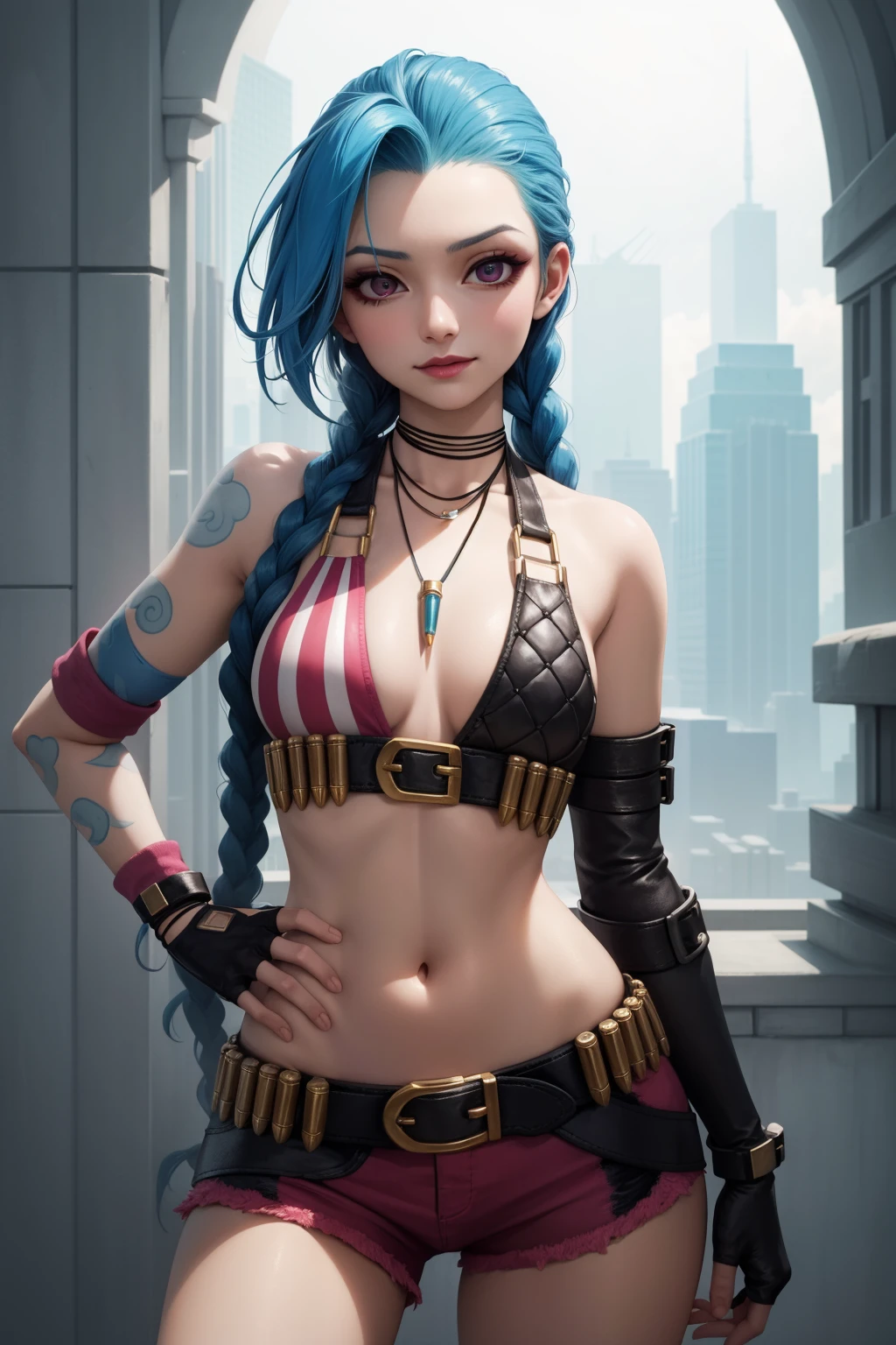 (masterpiece, best quality:1.2), intricate details,  <lora:jinx_default_lol-000021:1>, jinx \(league of legends\), 1girl, twin braids, single elbow glove, short shorts, bikini top only, necklace, belt, bullet, fingerless gloves