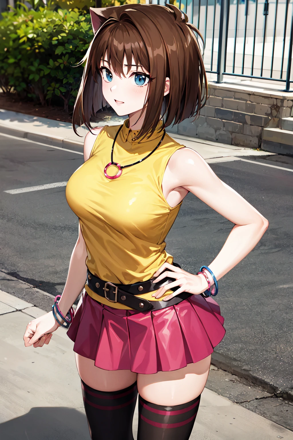 masterpiece, best quality, highres, aamazaki, (antenna hair:1.2), sleeveless, belt, necklace, yellow shirt, miniskirt, bracelet, pink skirt, black thighhighs, <lora:mazaki_anzu_v1:0.7>, outdoors, cowboy shot, standing