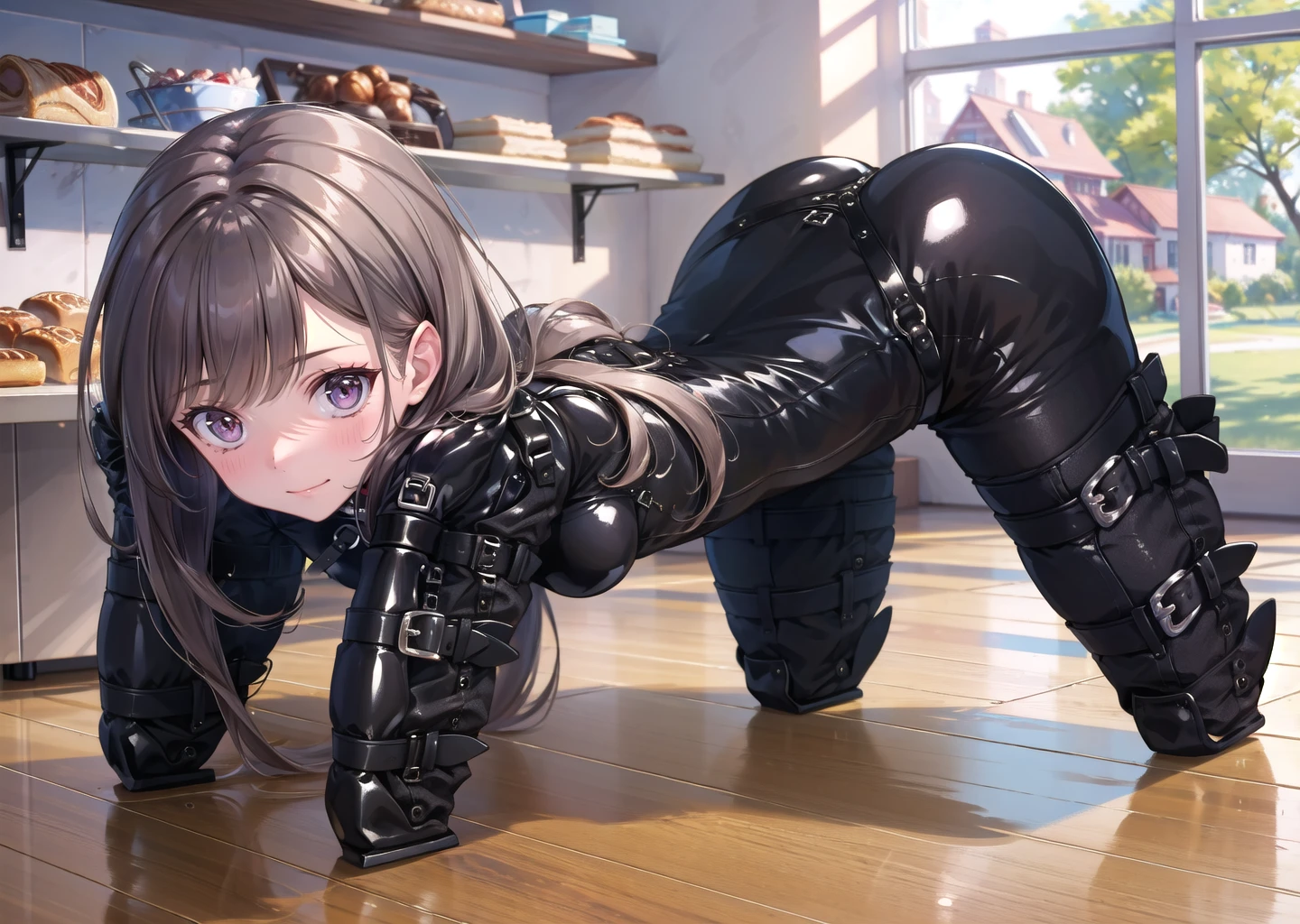 (1girl) (digital) (in detailed bakery, (bound bdsm bondage, on all fours, )) , best quality, <lora:boldline:0.2>  <lora:hairdetailer:0.2> humandog, <lora:humandog:1>