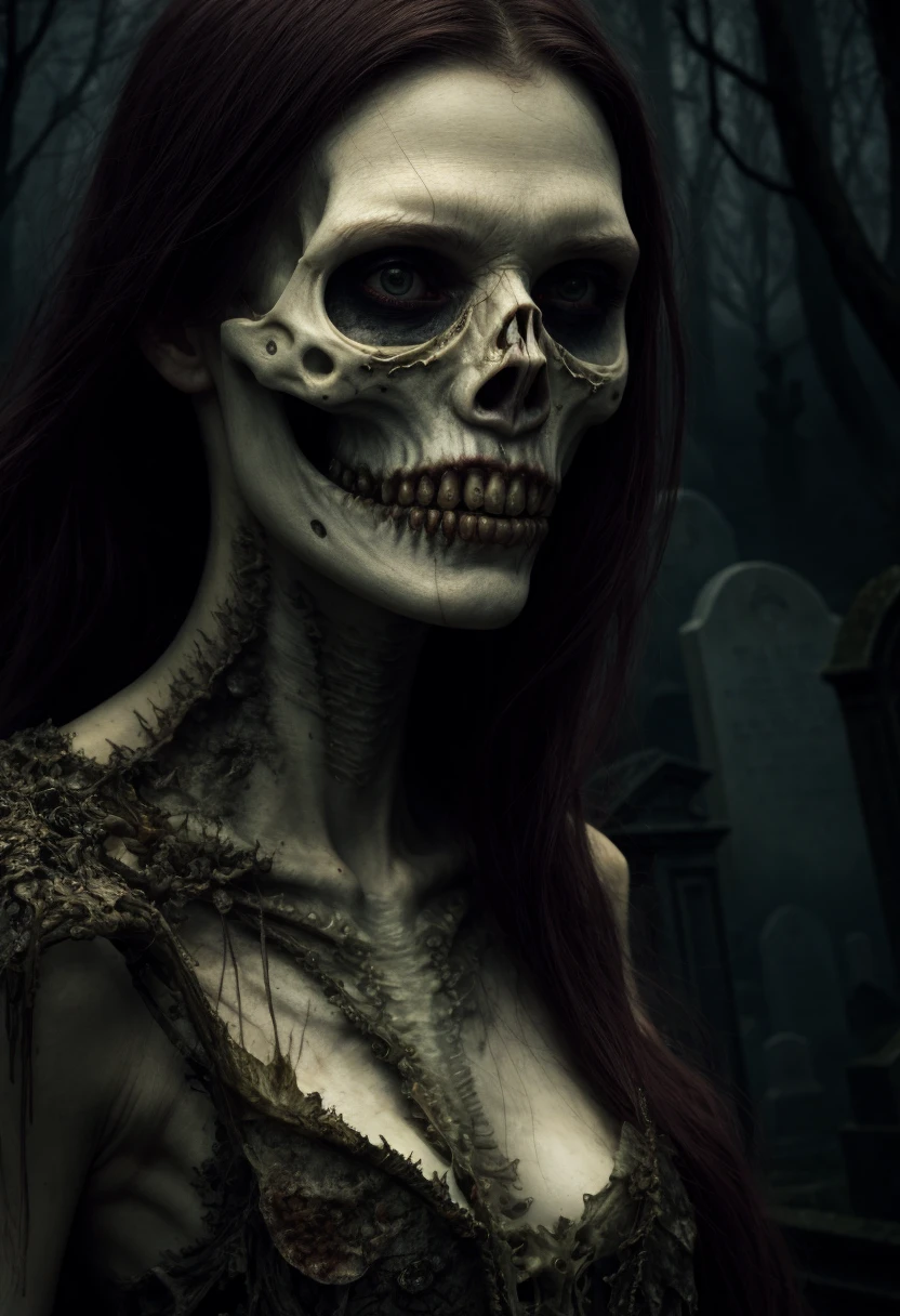 True death, death invarnate,rotting skin, rotting flesh, realistic  skeletal face, undead head, gorgeous seductive body, seductive pose, undead fetus crawling out of uterus, 