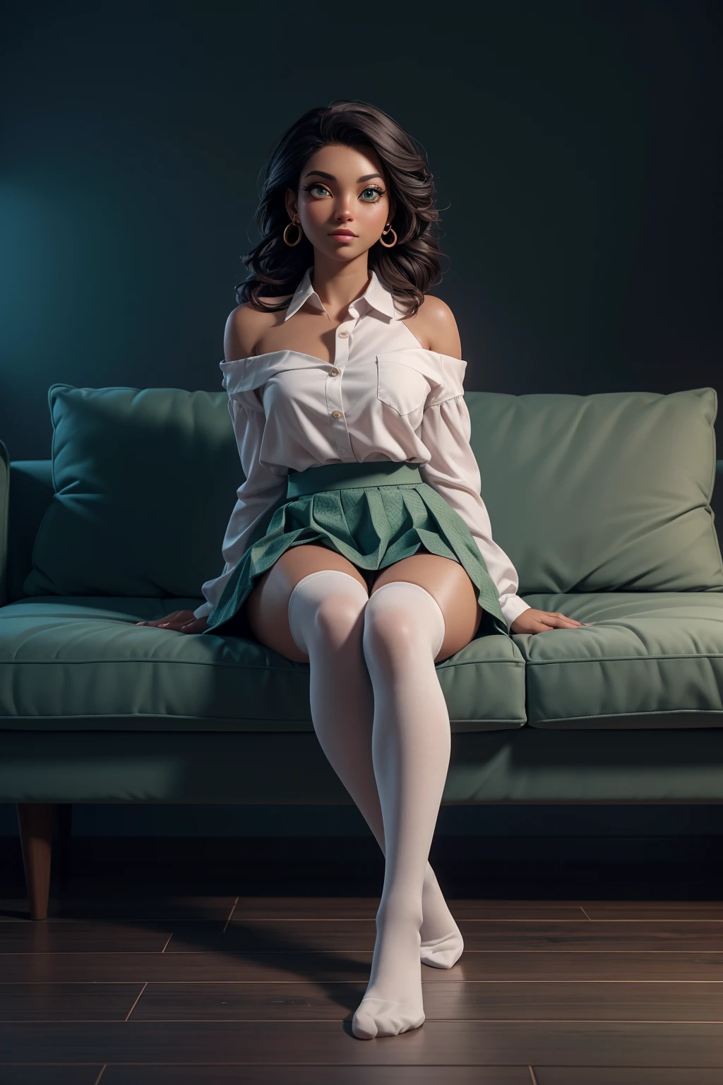 (full body shot:1.3), bokeh:1.2, indoors, (white thigh socks), ((sitting on sofa, facing straight at viewer)), solo, ((wearing circle skirt and over-sized shirt with shoulders showing)), <lora:more_details:0.4>, <lora:LowRA:0.45>,
(22 years old dark skinned African woman), small breast, flowing hair glamour, (green eyes, beautiful eyes), beautiful face, perfect illumination, beautiful detailed eyes, looking at viewer, stunningly beautiful woman, detailed hairstyle, realistic_detailed_skin_texture, good hands, good feet, (8k, RAW photo, best quality, masterpiece:1.2), (realistic, photo-realistic:1.37), ultra high res, photon mapping, radiosity, physically-based rendering, (ambient light:1.3), (cinematic composition:1.3),professional soft lighting, light on face, <lora:oversized_sweater:0.3>