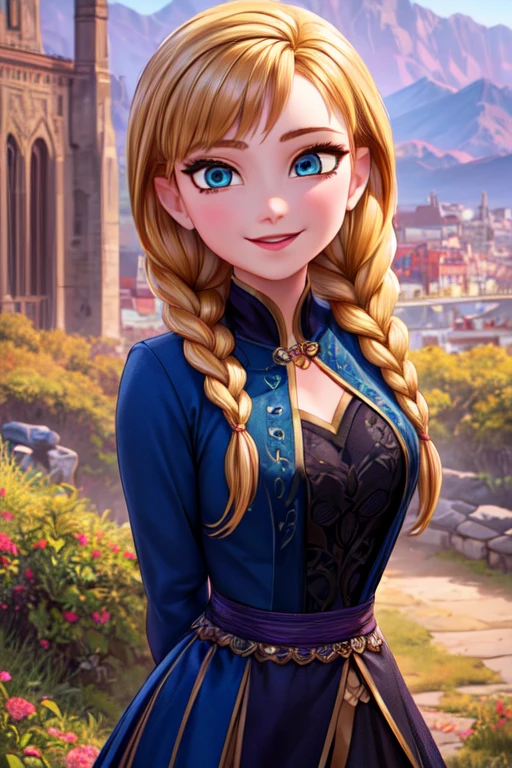 (masterpiece:1.2), (best quality), (ultra detailed), (8k, 4k, intricate),(full-body-shot:1), (highly detailed:1.2),(detailed face:1.2), (detailed background),detailed landscape,(dynamic pose:1.2), <lora:more_details:0.5> <lora:anna:0.7>anna, 1girl, solo, smile, blue eyes, blonde hair, dress, braid, twin braids, arms behind back, hair over shoulder