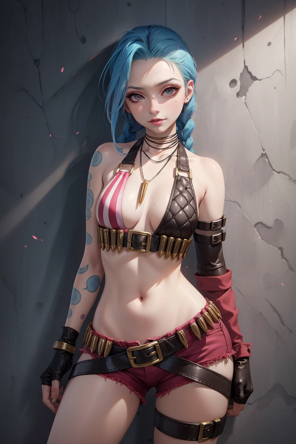 (masterpiece, best quality:1.2), intricate details, <lora:jinx_default_lol-000021:1>, jinx \(league of legends\), 1girl, twin braids, single elbow glove, short shorts, bikini top only, necklace, belt, bullet, fingerless gloves