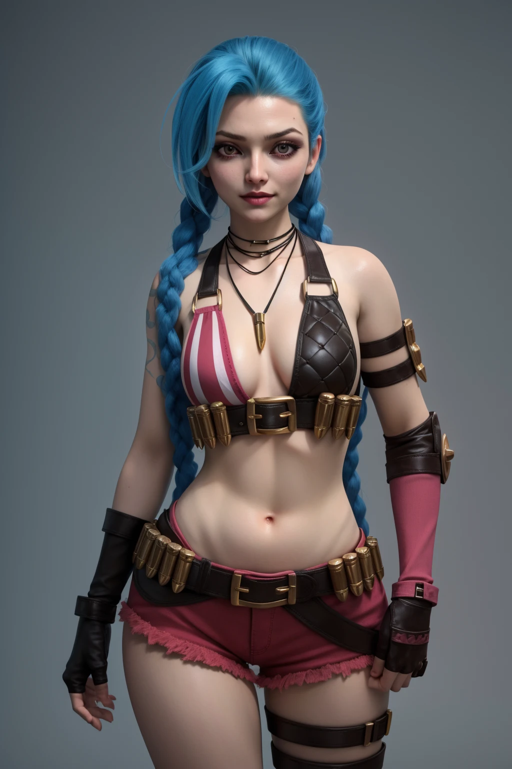 (masterpiece, best quality:1.2), intricate details,  <lora:jinx_default_lol-000021:1>, jinx \(league of legends\), 1girl, twin braids, single elbow glove, short shorts, bikini top only, necklace, belt, bullet, fingerless gloves, <lora:A3D_Beta:1>