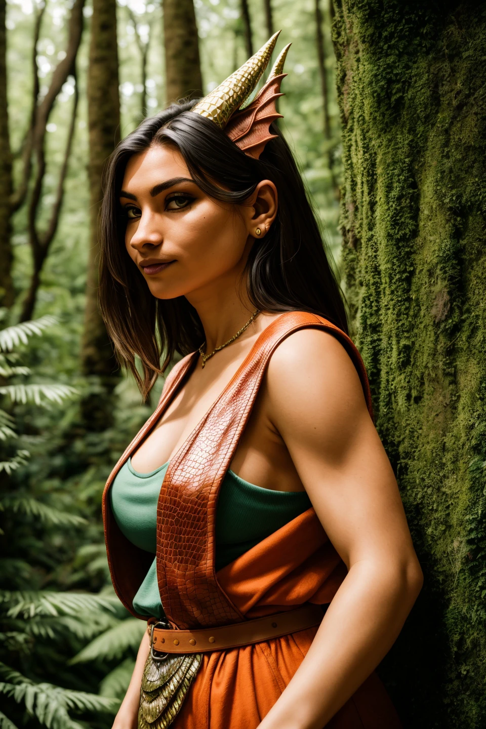 RAW photo, a portrait photo of (anthro dragon woman), traveler clothes, standing in the forest, natural scales, 8k uhd, high quality, film grain, Fujifilm XT3