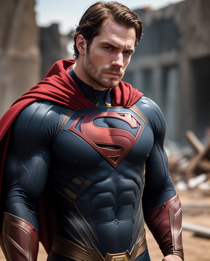 Henry cavill superhero, cape long, upper body,cinematic, movie, grain movie (2023s)1boy, building destroyed , realistic , (8k, RAW photo, best quality, masterpiece:1.2), (realistic, photo-realistic:1.33), best quality, detailed eyes blue, cute,natural lighting, depth of field, film grain, wrinkled skin, sharp,