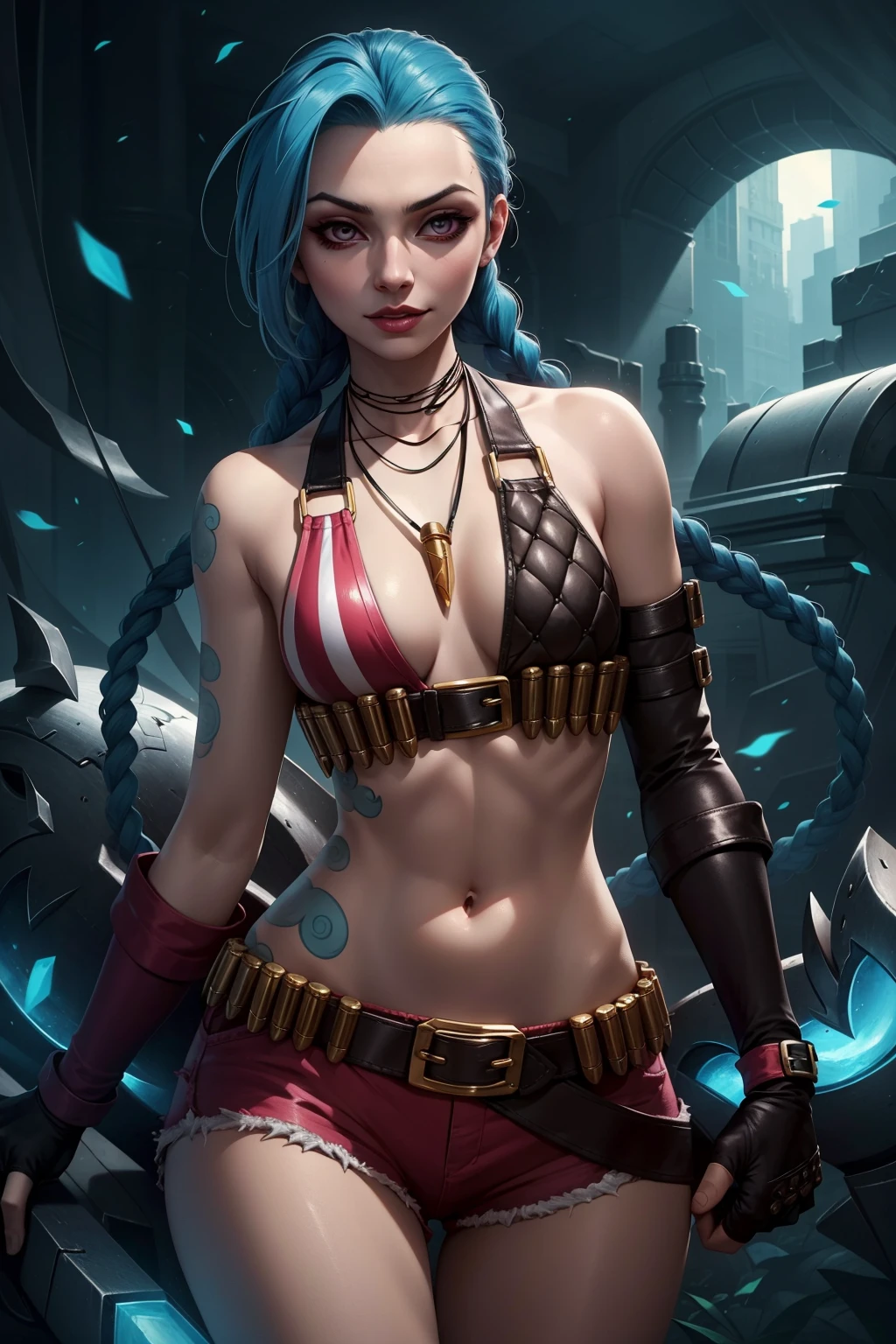 (masterpiece, best quality:1.2), intricate details,  <lora:jinx_default_lol-000021:1>, jinx \(league of legends\), 1girl, twin braids, single elbow glove, short shorts, bikini top only, necklace, belt, bullet, fingerless gloves