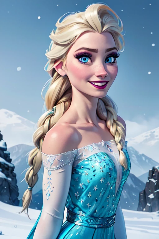 (masterpiece:1.2), (best quality), (ultra detailed), (8k, 4k, intricate),(full-body-shot:1), (highly detailed:1.2),(detailed face:1.2), (detailed background),detailed landscape, (dynamic pose:1.2), <lora:elsa:0.7>elsa, 1girl, solo, long hair, smile, blue eyes, blonde hair, dress, braid, single braid, makeup, hair over shoulder, eyeshadow, snowflakes,