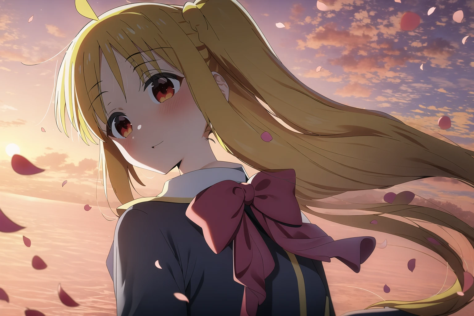 highres, 1girl, ijichi nijika, (youtou uniform:1.1), upper body, sunset, wind, falling petals
