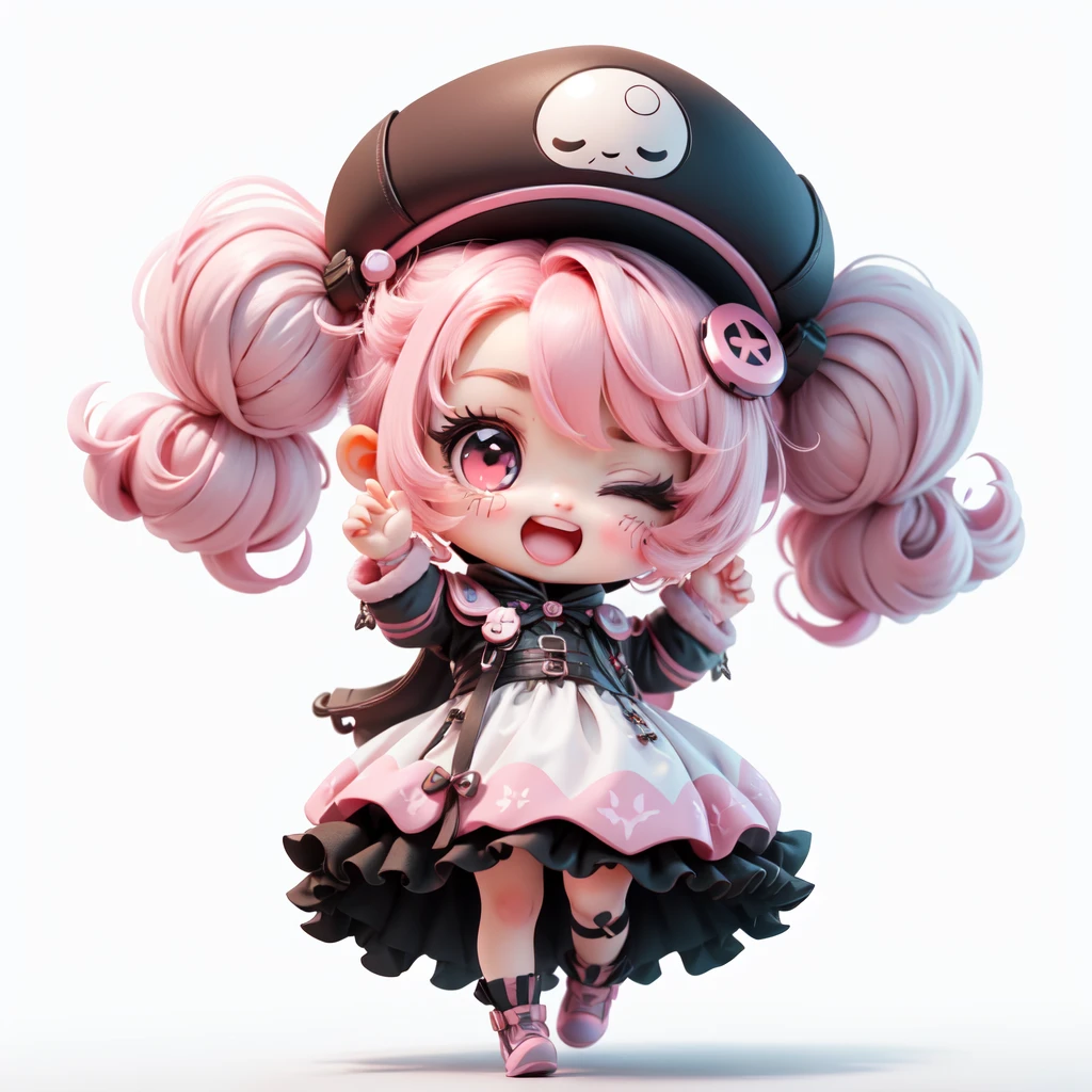 <lora:Designer_BlindBox:0.5>,chibi,cute,white background,simple background,1girl, solo, blush, smile, open_mouth, hat, dress, twintails, full_body, pink_hair, one_eye_closed, pink_eyes, chibi, blush_stickers, eyepatch