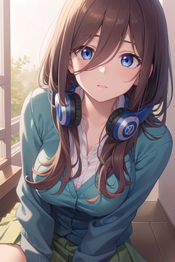 mikunakano, <lora:mikunakanotest:1>, miku nakano, long hair, bangs, blue eyes, brown hair, shirt, hair between eyes, headphones, cardigan, headphones around neck,
BREAK skirt, shirt, long sleeves, white shirt, pantyhose, pleated skirt, black pantyhose, cardigan, green skirt, blue cardigan,
BREAK indoors, classroom,
BREAK looking at viewer, BREAK <lora:GoodHands-vanilla:1>, (masterpiece:1.2), best quality, high resolution, unity 8k wallpaper, (illustration:0.8), (beautiful detailed eyes:1.6), extremely detailed face, perfect lighting, extremely detailed CG, (perfect hands, perfect anatomy),