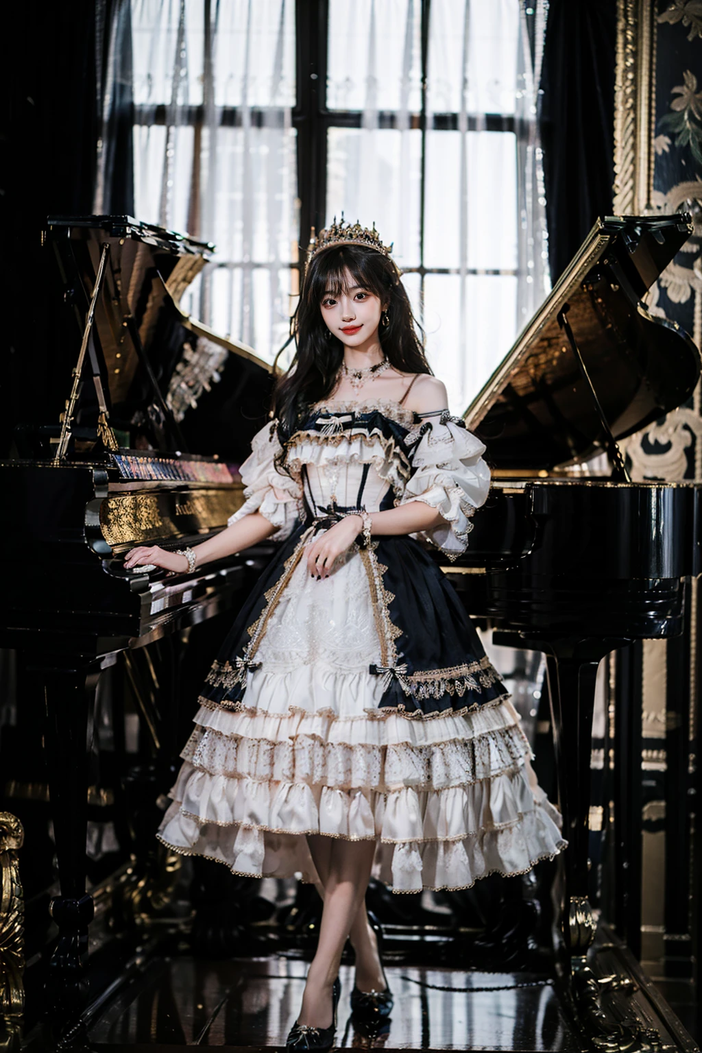 realistic, photorealistic, masterpiece, absurdres, incredibly absurdres, extremely detailed, best quality, lodress, high heels, full body, 1girl, solo, long black hair, bangs, looking at viewer, detailed background, standing, indoors, luxury decorations, window, piano, night,dramatic lighting, <lora:lo_dress_vol2_style1_v1:0.7> , <lora:chinaDollLikeness_v10:0.7>