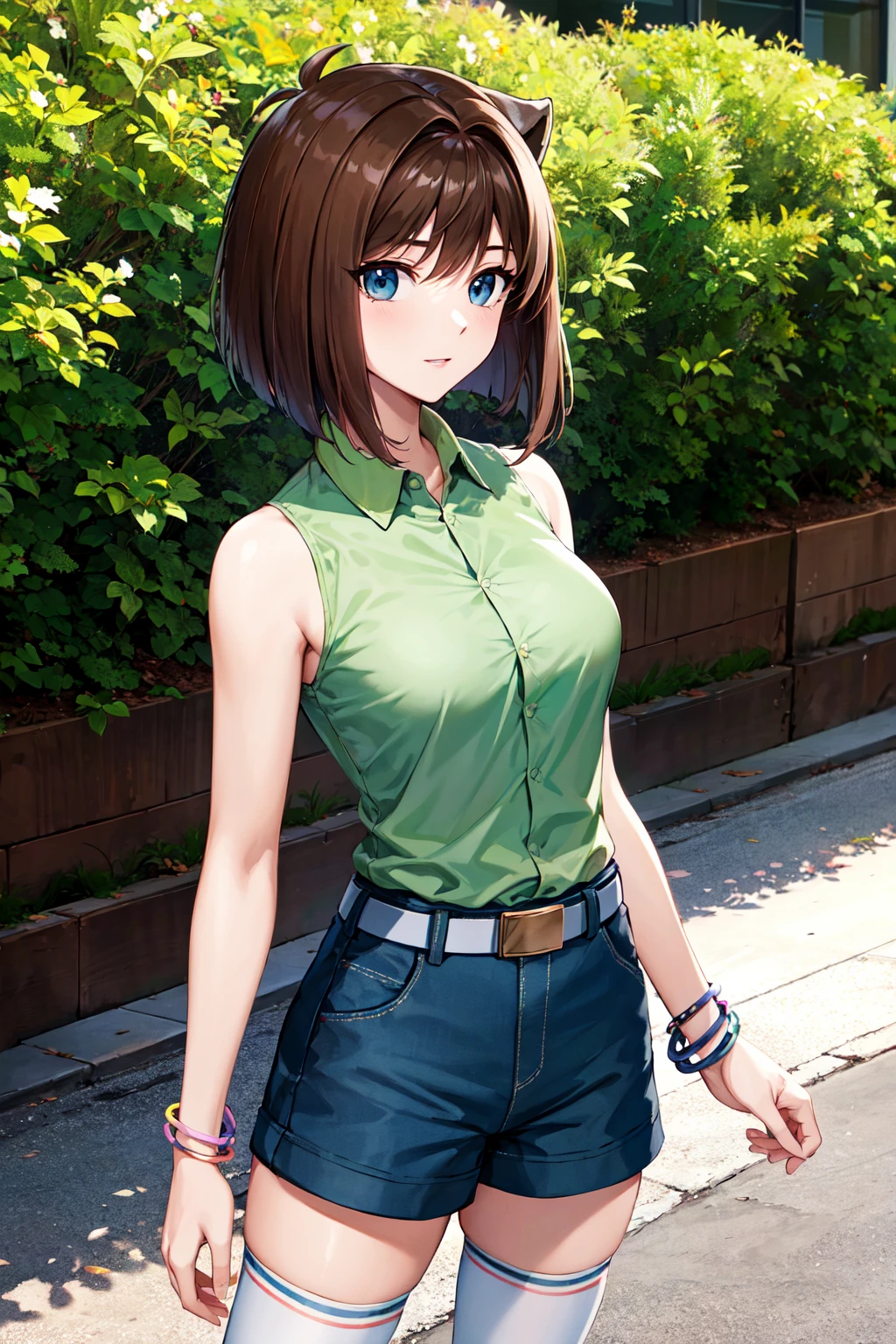 masterpiece, best quality, highres, aamazaki, (antenna hair:1.2), medium breasts, green shirt, sleeveless, bracelet, belt, blue shorts, white thighhighs, <lora:mazaki_anzu_v1:0.7>, cowboy shot, standing, outdoors,