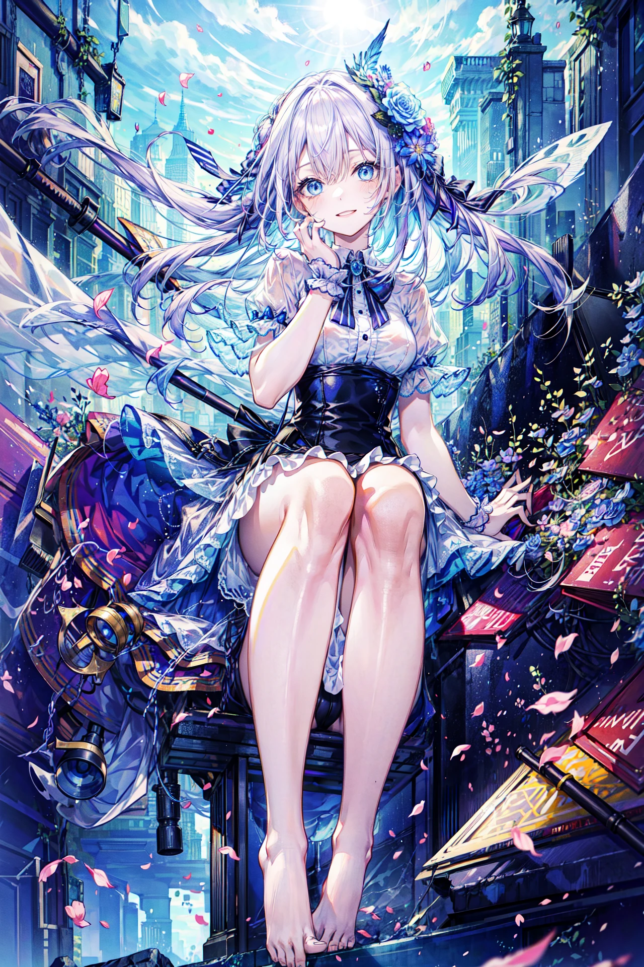 (masterpiece, best quality),illustration,(Cinematic Lighting),extremely detailed CG unity 8k wallpaper,intricate details,beautiful delicate eyes,colorful reflection,extremely delicate and beautiful hair,very beautiful delicate anime face,nsfw,
(1loli:1.15),(dewy blue eyes),floating silver hair,smile,(glint,sitting),see-through pajamas,hair_bow,slender legs,[[hair between eyes]],
sunlight,(colorful flowers,flower petals:1.2),blue sky,wind,spring,beautiful detaled water,spray of water,cottagebackground,cloudy,<lyco:GoodHands-beta2:1.0>