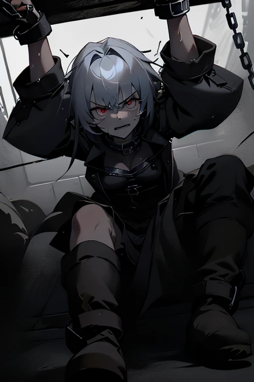 (masterpiece:1.3),(best quality:1.2),8k,absurdres,unity 8k wallpapper,(extremely detailed:1.3),highestres,solo,
chained_up, solo, white hair, gloves, 1girl, close-up, jacket, boots, fingerless gloves, hair over one eye,glowing eyes, arms up, chain, bound, restrained, sleeves rolled up, cuffs, handcuffs, chained,breasts,(angry:1.2),sweat,dark room,bars,(window:0.5),dark theme,screaming,(open mouth:1.2),
<lora:lowRA:0.4> ,<lora:chained_up-10:1> , <lora:screaming:1>