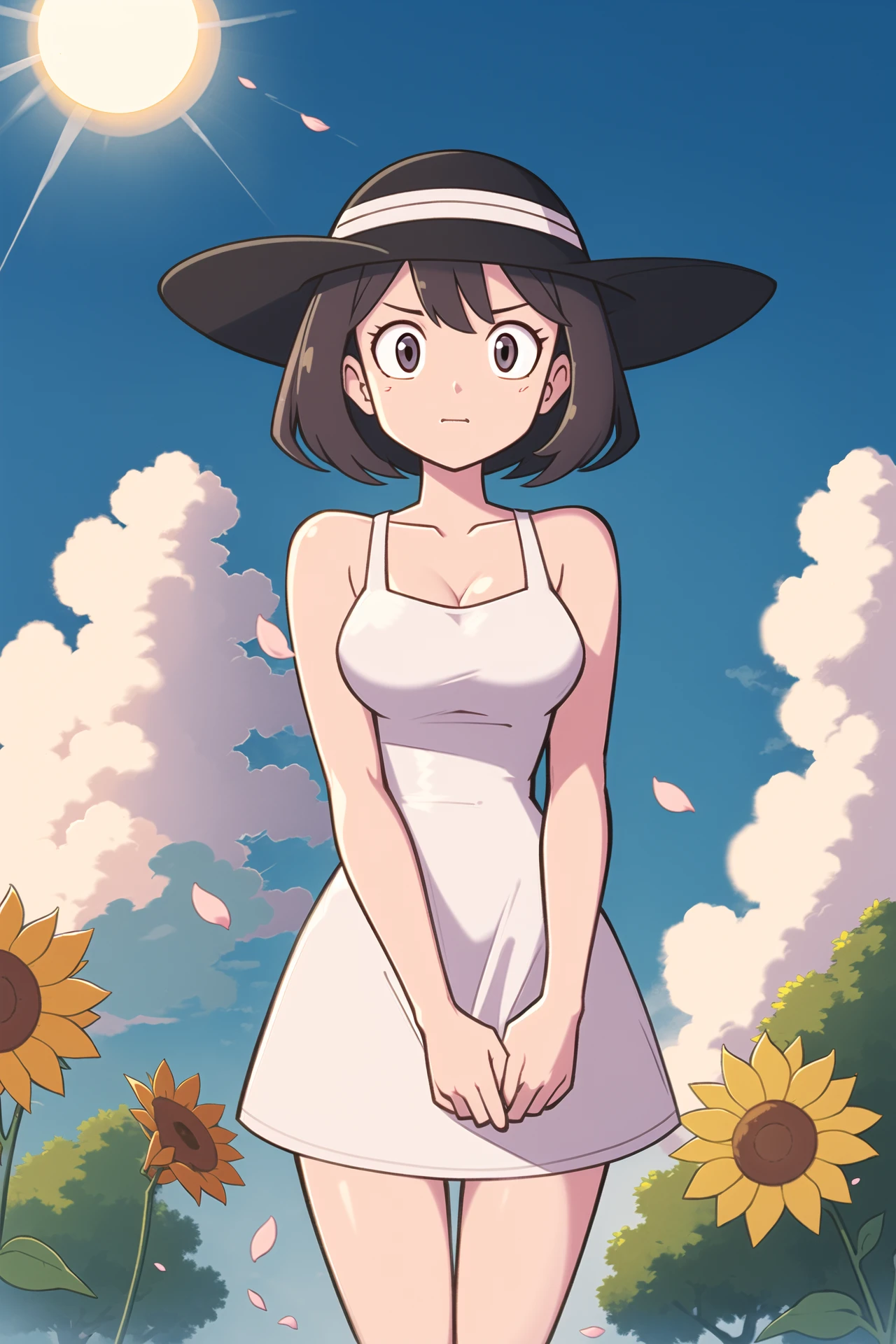 <lora:apple_v2:0.7>,looking_at_viewer,blue_sky,cumulonimbus_cloud,clouds,dress,solo,bare_arms,sign,sun_hat,hat,grey_hair,aiha-deko,absurdres,flower,standing,summer,white_dress,petals,sleeveless