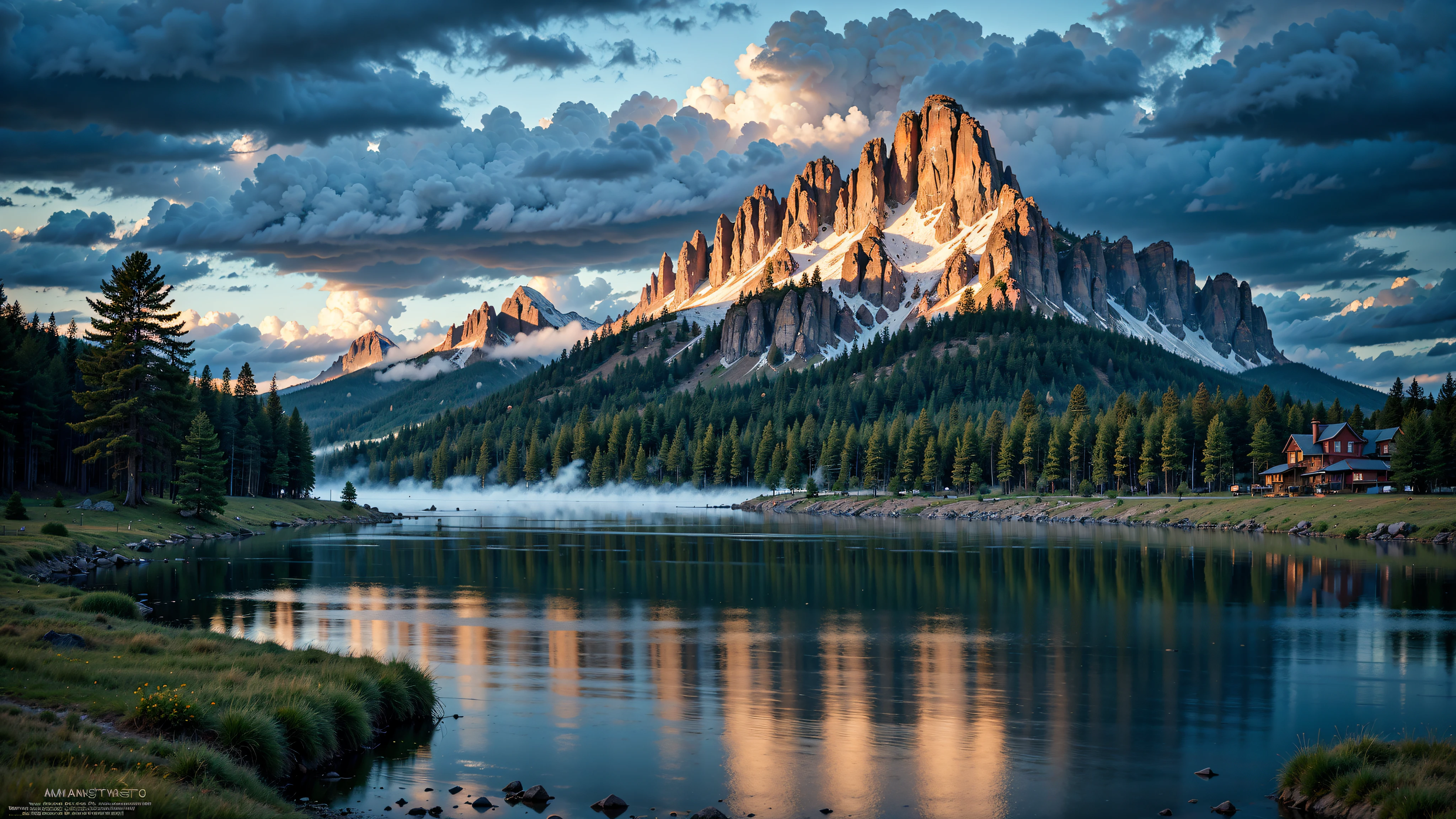 analog style,Chromav5, nvinkpunk,masterpiece, best quality, high quality,extremely detailed CG unity 8k wallpaper, scenery, outdoors, tree, no humans, sky, cloud, mountain, nature, river, water, rock, cloudy sky, day, landscape, reflection, lake, blue sky, building, mountainous horizon,heavy rain, rainbow, rain, Stormy, lightning, mist, fog , oil paiting, award winning photography, Bokeh, Depth of Field, HDR, bloom, Chromatic Aberration ,Photorealistic,extremely detailed, trending on artstation, trending on CGsociety, Intricate, High Detail, dramatic, art by midjourney, (masterpiece,best quality:1.5)