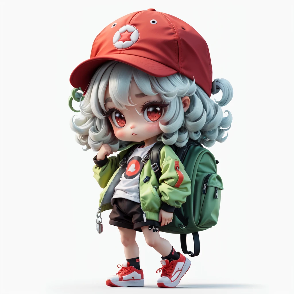 <lora:Designer_BlindBox:0.5>,chibi,cute,white background,simple background,1girl, solo, long_hair, looking_at_viewer, simple_background, red_eyes, hat, white_background, jacket, full_body, white_hair, shoes, shorts, chibi, bag, backpack, sneakers, red_footwear, baseball_cap, red_headwear, curly_hair, green_shorts, keychain