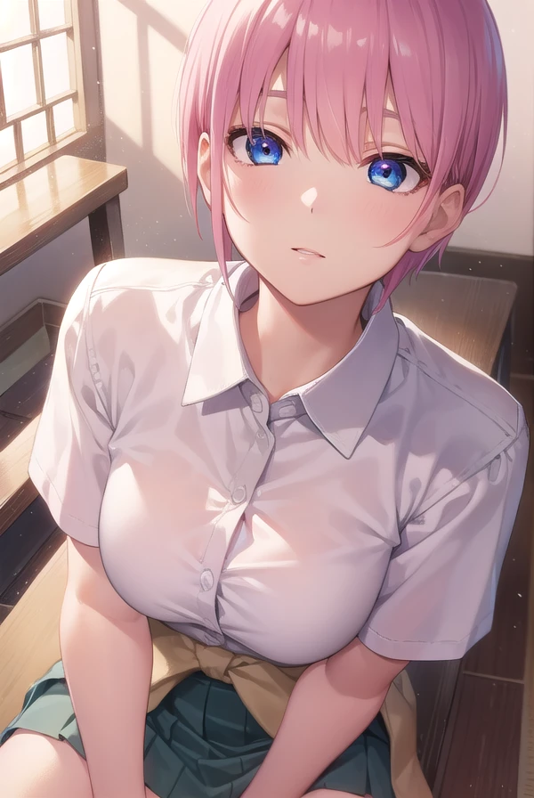 (POV Kiss | Peck | Thick Lips : 1.3), (white office shirt : 1.3), topless, black skirt, office room background, elise, mature woman, 27 yo, anime cels style, best quality, high resolution, 1girl, (large breasts:1.4), beautiful face, hair tied up in a bun, blue eye, cowboy shot, smiling, blush, looking at viewer, beautiful nipples, very sweating