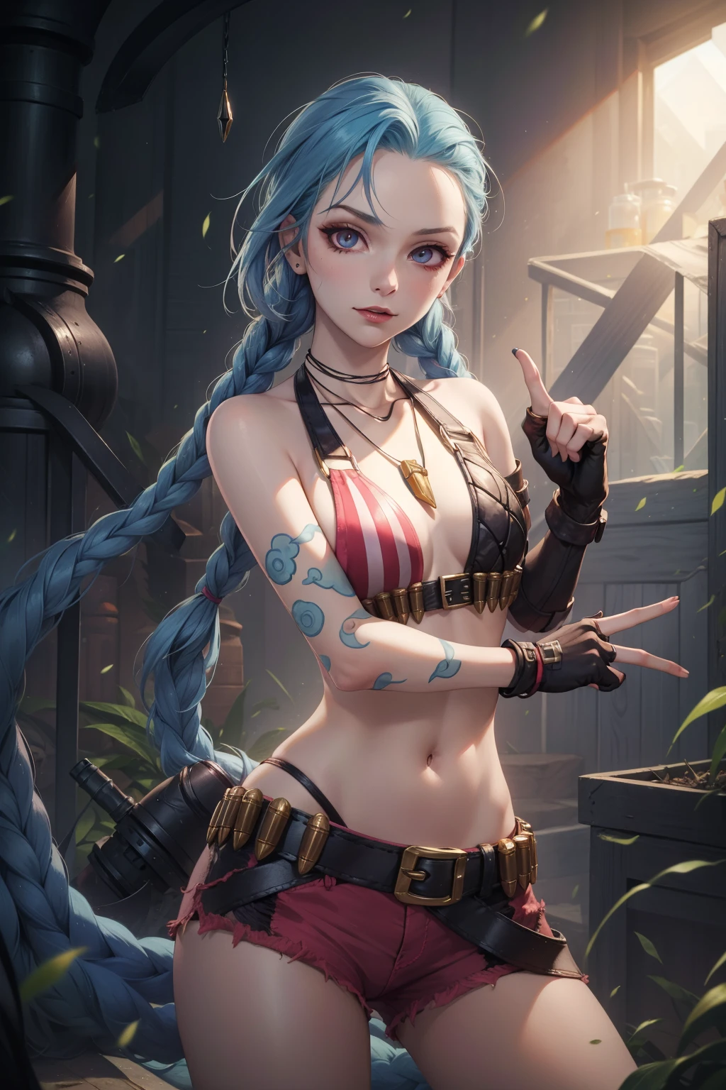 (masterpiece, best quality:1.2), intricate details, <lora:jinx_default_lol-000021:1>, jinx \(league of legends\), 1girl, twin braids, single elbow glove, short shorts, bikini top only, necklace, belt, bullet, fingerless gloves